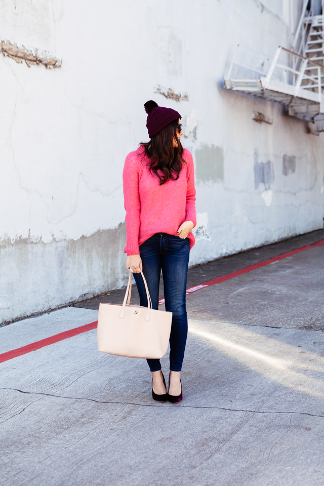 Topshop Pink Sweater with Purple Pom Pom Beanie outfit on Kendi Everyday