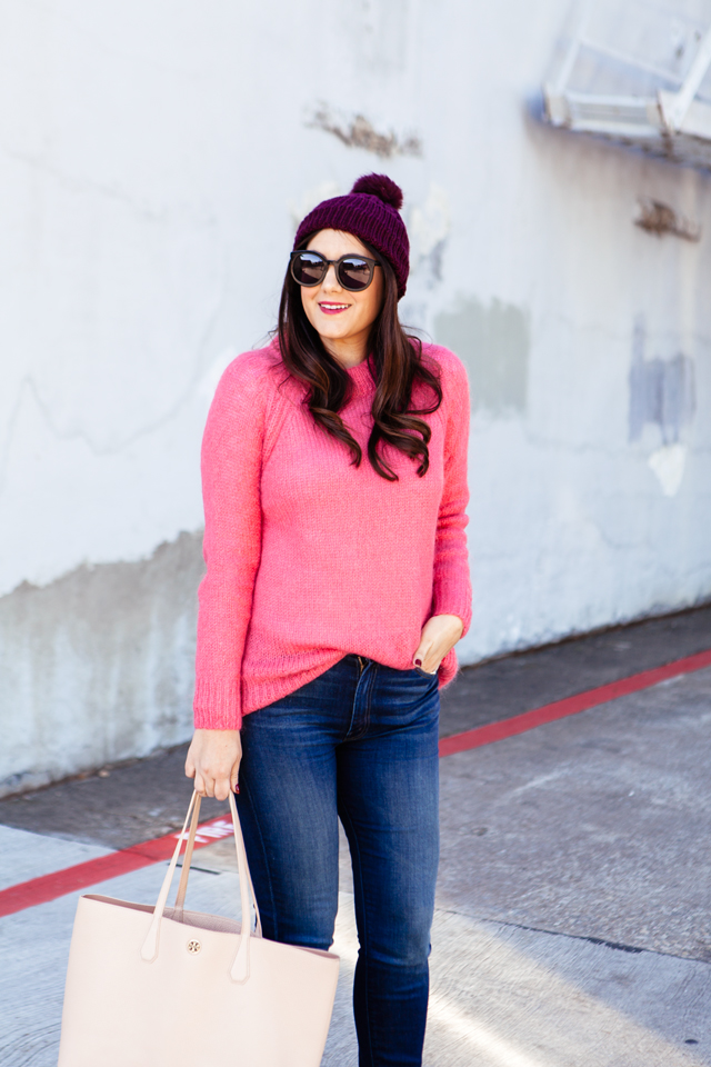 Topshop Pink Sweater with Purple Pom Pom Beanie outfit on Kendi Everyday