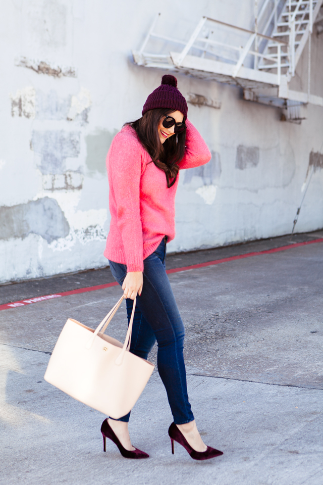 Topshop Pink Sweater with Purple Pom Pom Beanie outfit on Kendi Everyday