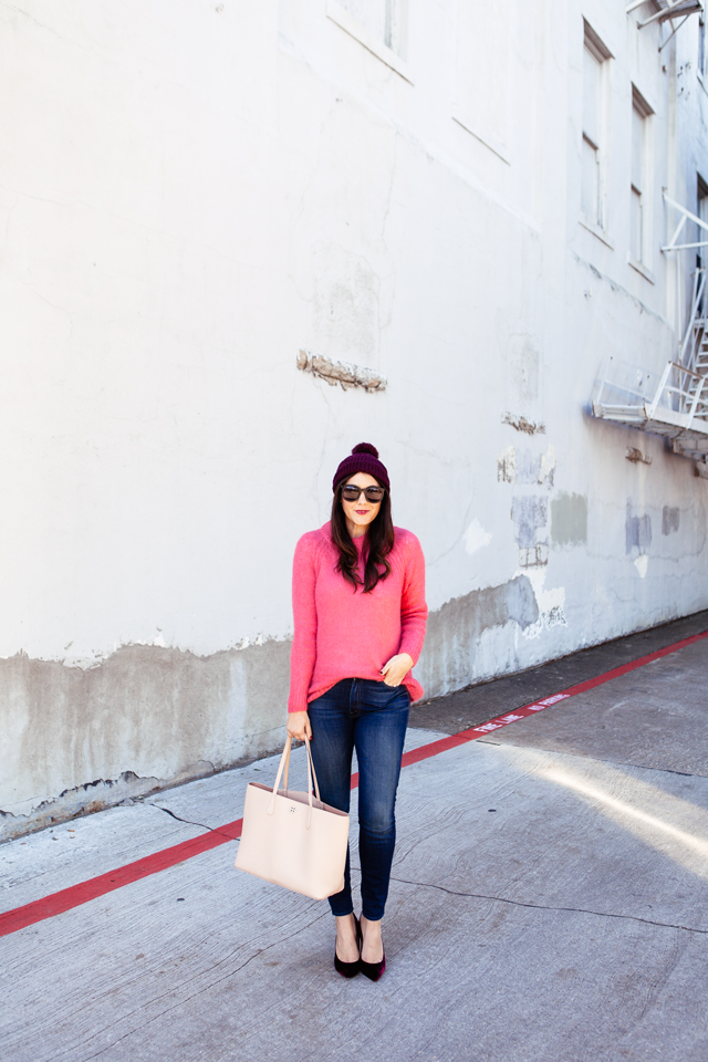 Topshop Pink Sweater with Purple Pom Pom Beanie outfit on Kendi Everyday