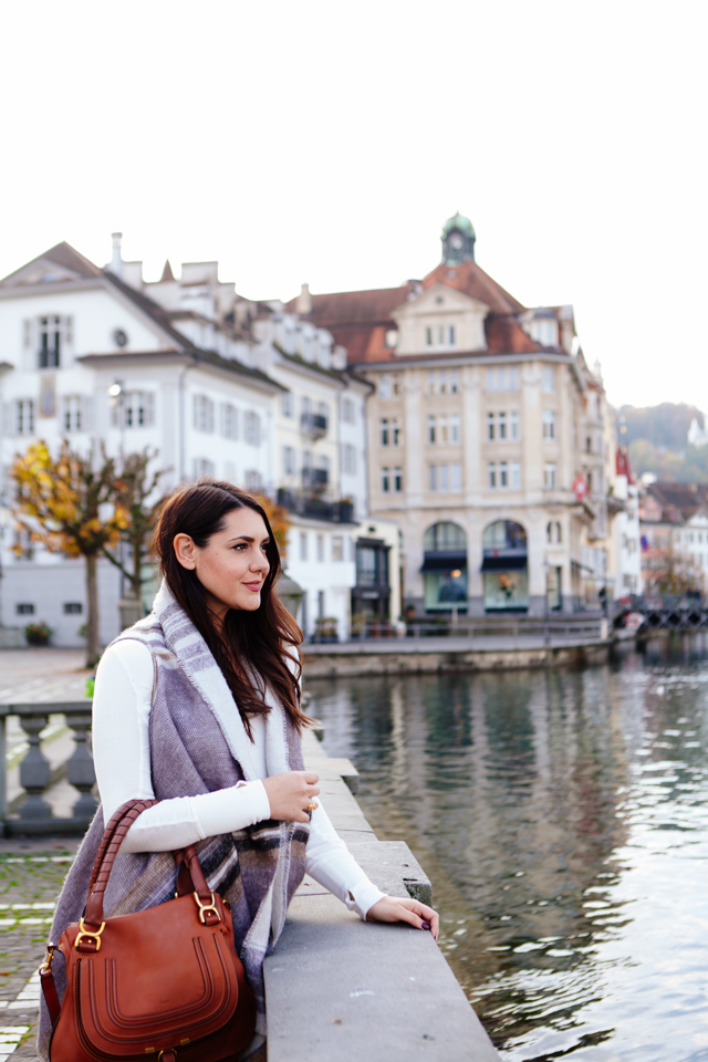 Layered scarf vest with skinny denim and Chloe Marcie Bag on Kendi Everyday.