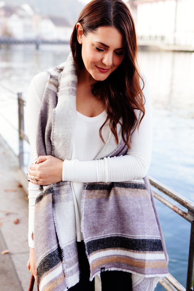 Layered scarf vest with skinny denim and Chloe Marcie Bag on Kendi Everyday.