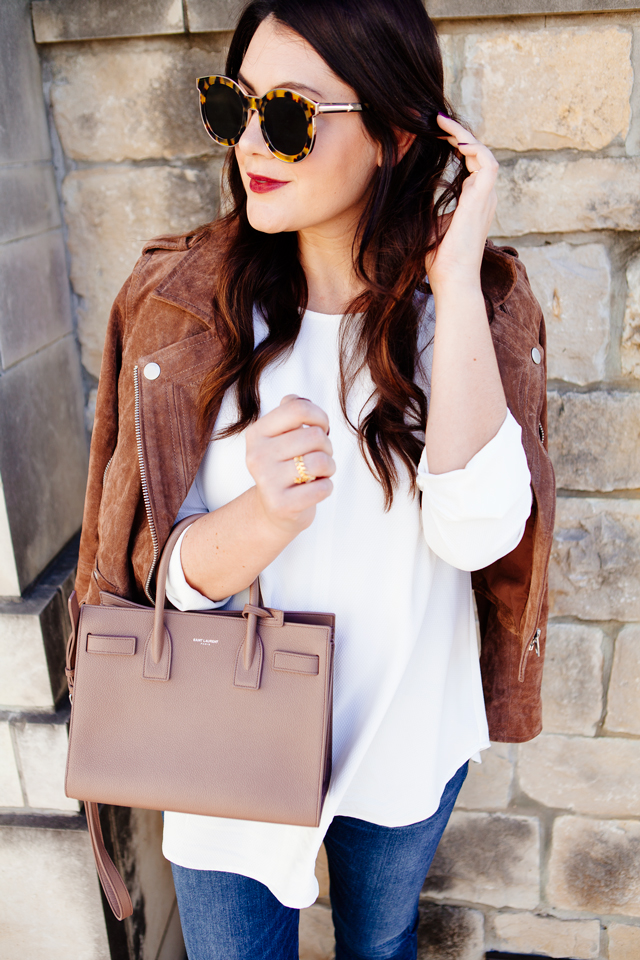 Suede Jacket with white blouse and skinny denim on Kendi Everyday