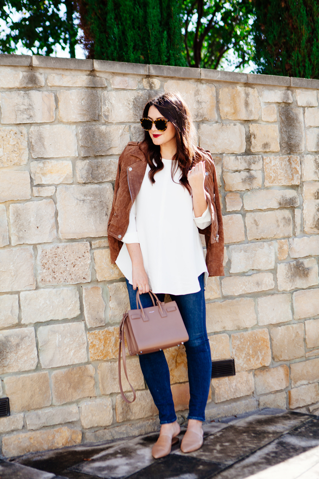 Suede Jacket with white blouse and skinny denim on Kendi Everyday