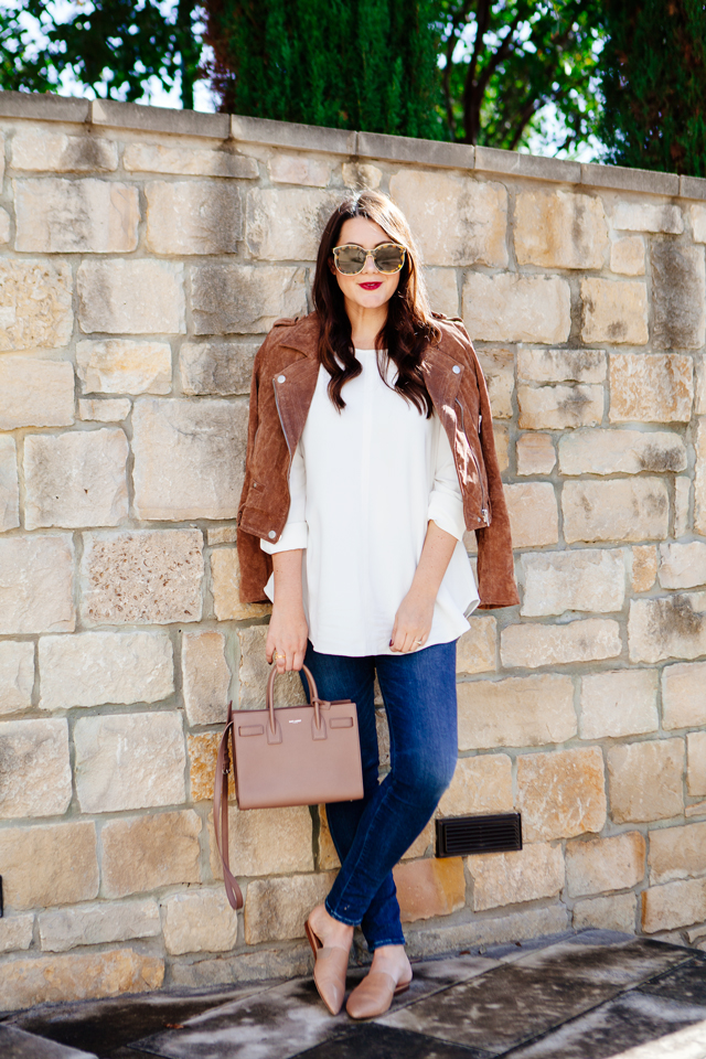 Suede Jacket with white blouse and skinny denim on Kendi Everyday