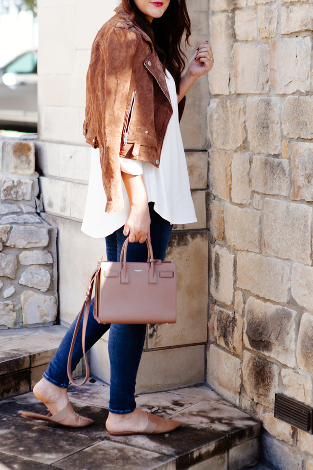 Suede Jacket with white blouse and skinny denim on Kendi Everyday