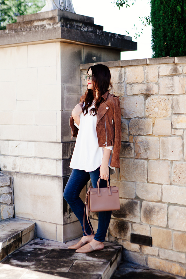 Suede Jacket with white blouse and skinny denim on Kendi Everyday