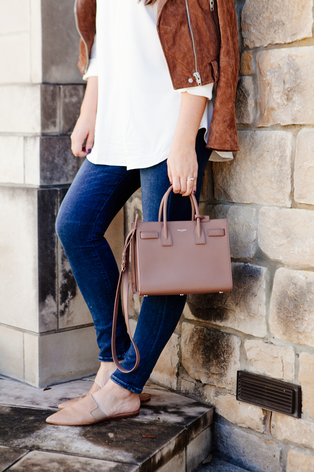 Suede Jacket with white blouse and skinny denim on Kendi Everyday