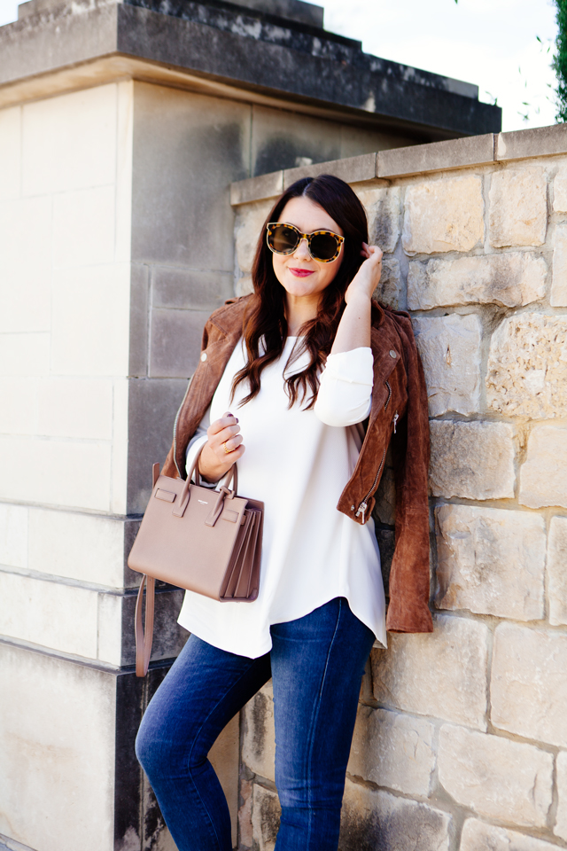 Suede Jacket with white blouse and skinny denim on Kendi Everyday