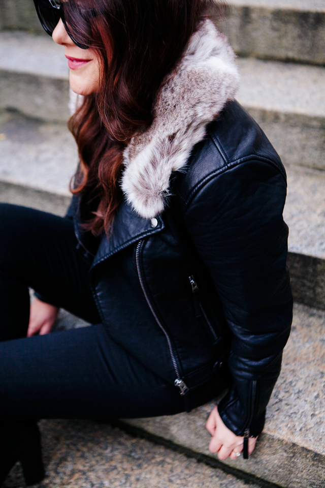 Black moto jacket with fur collar and black denim on Kendi Everyday