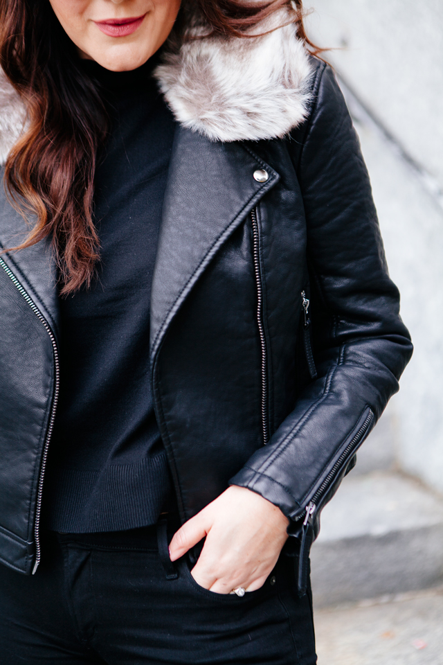 Black moto jacket with fur collar and black denim on Kendi Everyday