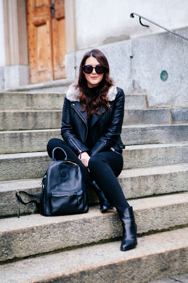 Black moto jacket with fur collar and black denim on Kendi Everyday