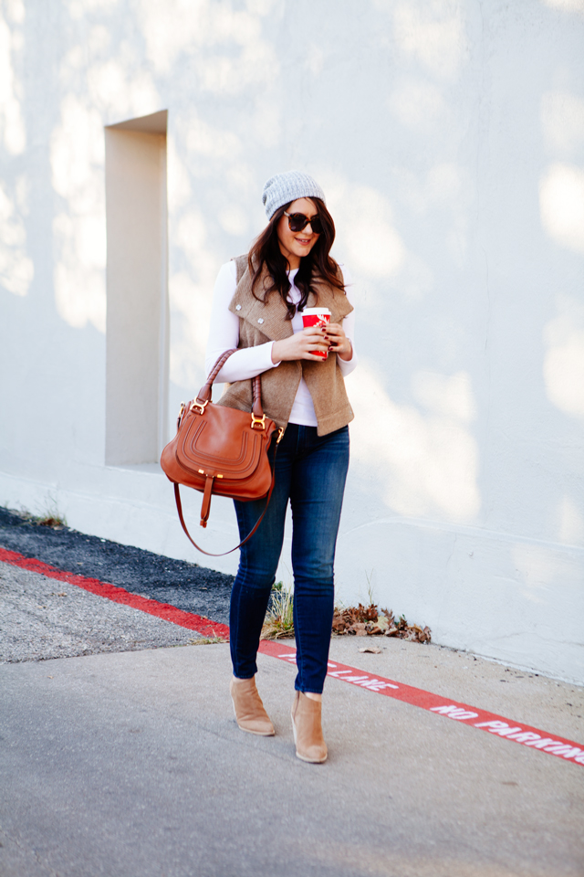 BB Dakota Elm Vest with Skinny jeans and booties