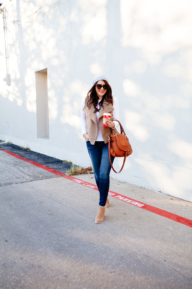 BB Dakota Elm Vest with Skinny jeans and booties