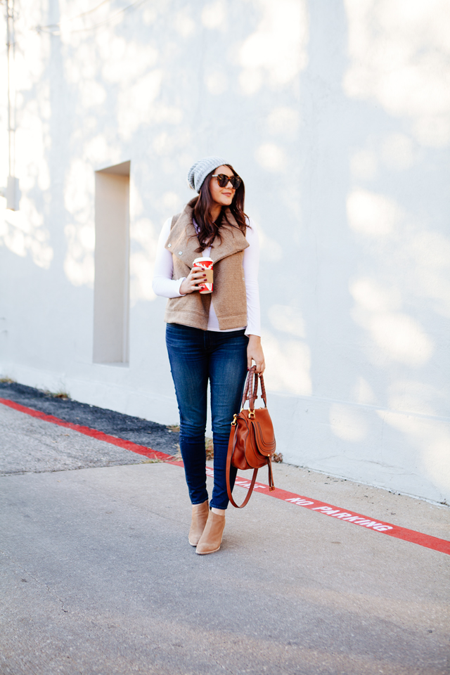 BB Dakota Elm Vest with Skinny jeans and booties