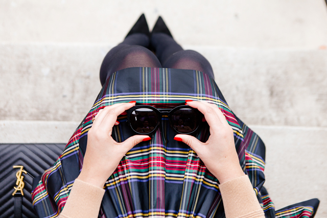 Bow sweater and plaid mini skirt on Kendi Everyday