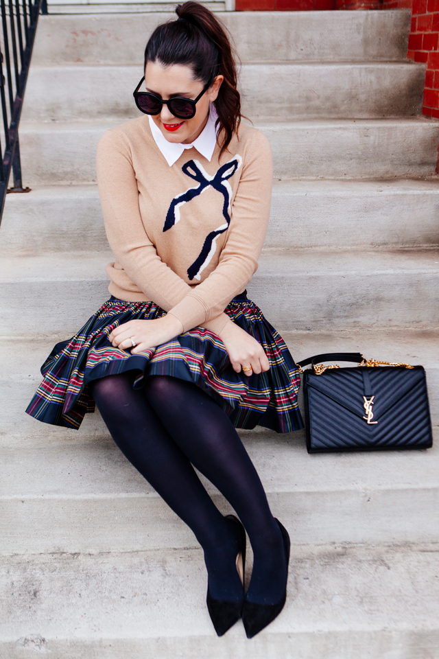 Bow sweater and plaid mini skirt on Kendi Everyday