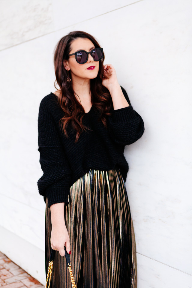 Holiday outfit. Metallic Midi skirt and slouchy sweater on Kendi Everyday