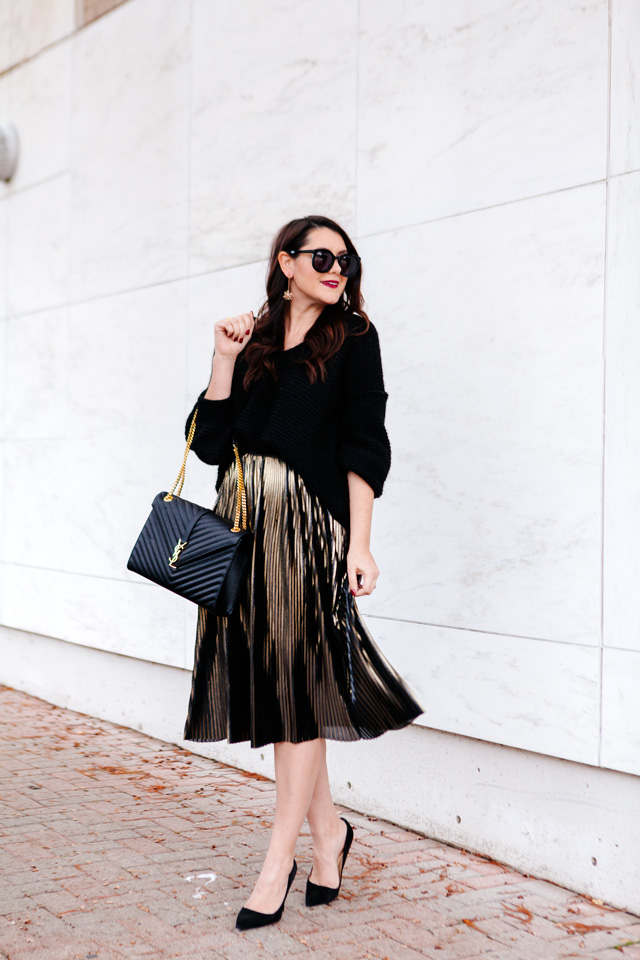 Holiday outfit. Metallic Midi skirt and slouchy sweater on Kendi Everyday