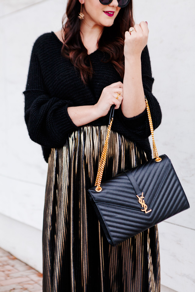 Holiday outfit. Metallic Midi skirt and slouchy sweater on Kendi Everyday