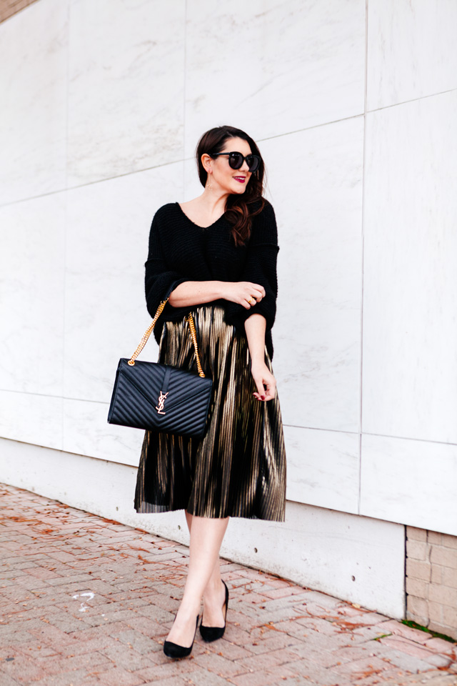 Holiday outfit. Metallic Midi skirt and slouchy sweater on Kendi Everyday