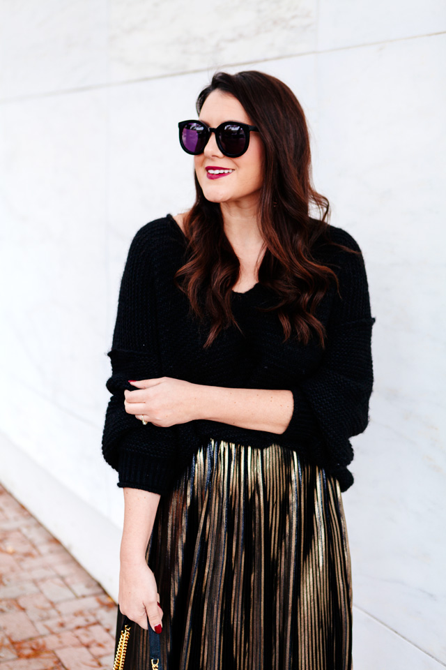 Holiday outfit. Metallic Midi skirt and slouchy sweater on Kendi Everyday