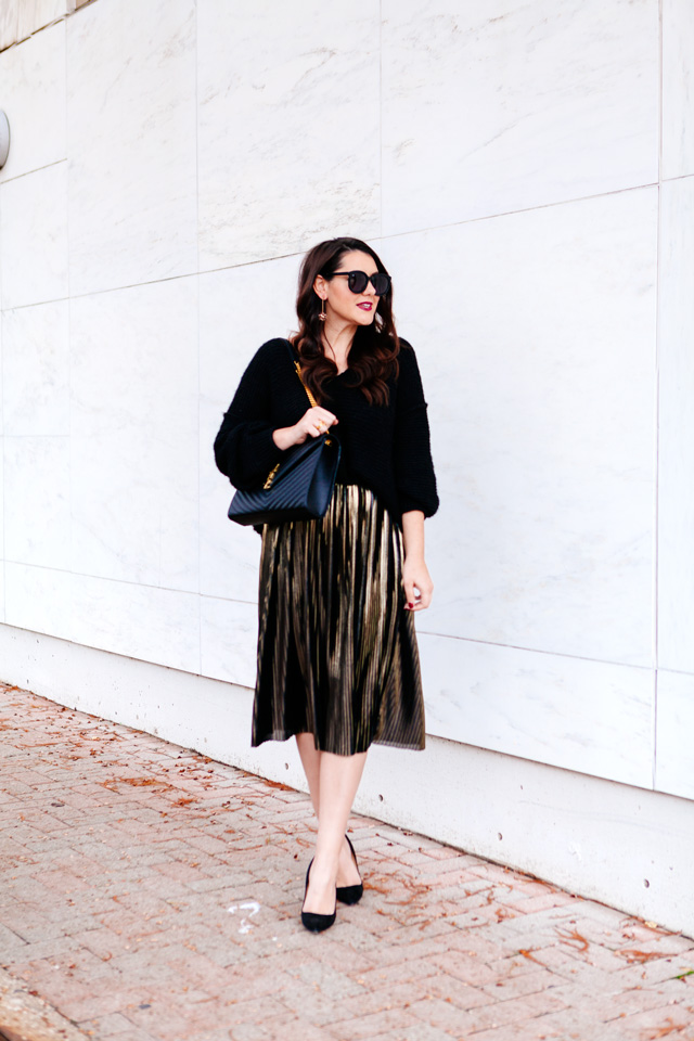 Holiday outfit. Metallic Midi skirt and slouchy sweater on Kendi Everyday