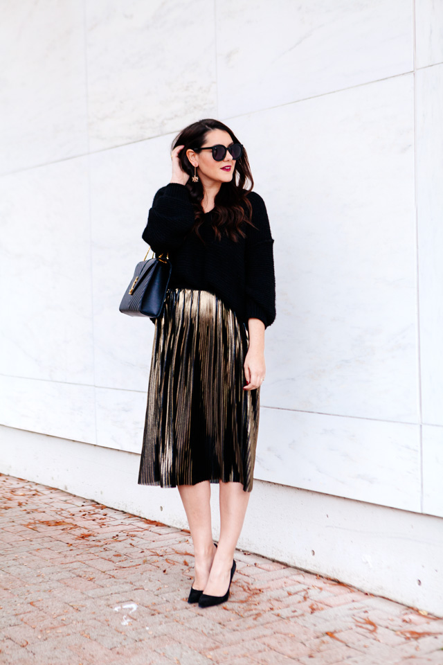 Holiday outfit. Metallic Midi skirt and slouchy sweater on Kendi Everyday