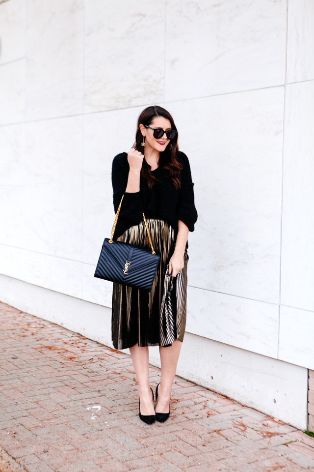 Holiday outfit. Metallic Midi skirt and slouchy sweater on Kendi Everyday