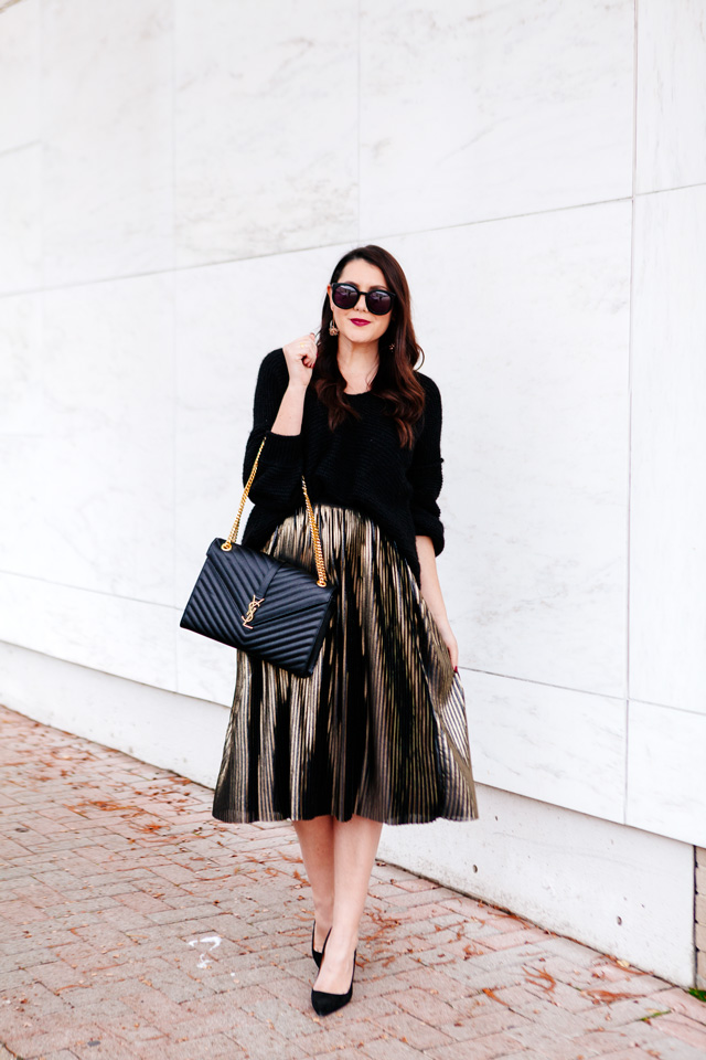 Holiday outfit. Metallic Midi skirt and slouchy sweater on Kendi Everyday