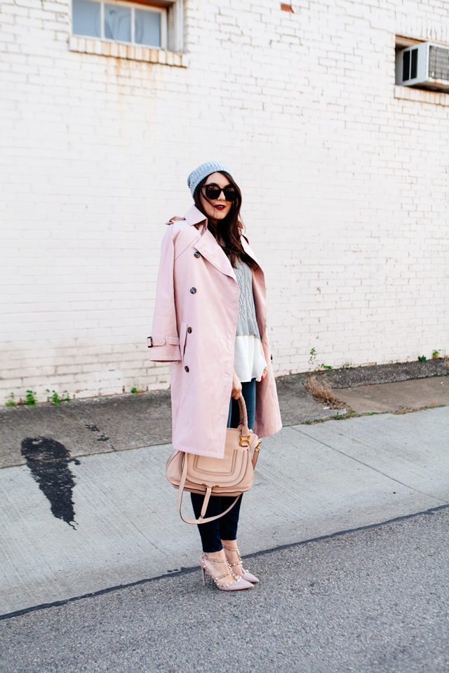 Light pink trench and layered sweater on Kendi Everyday.