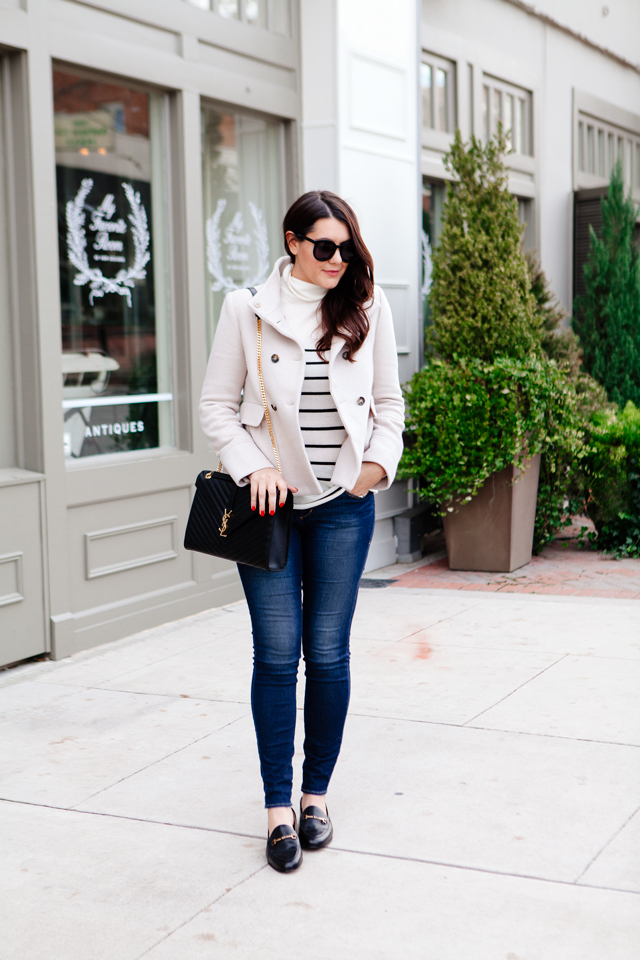 Striped turtleneck and Joie Peacoat