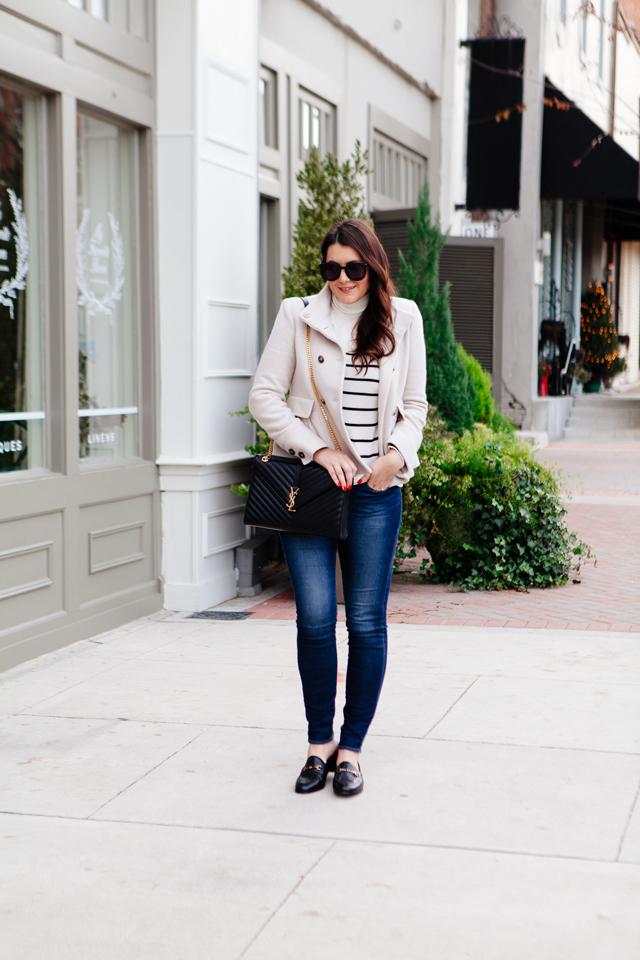 Striped turtleneck and Joie Peacoat