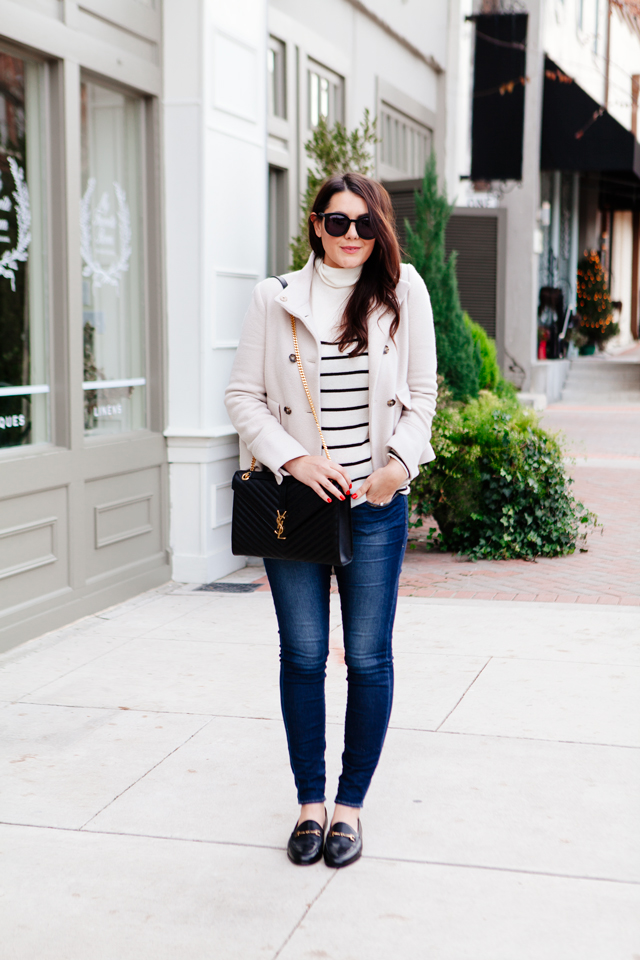 Striped turtleneck and Joie Peacoat