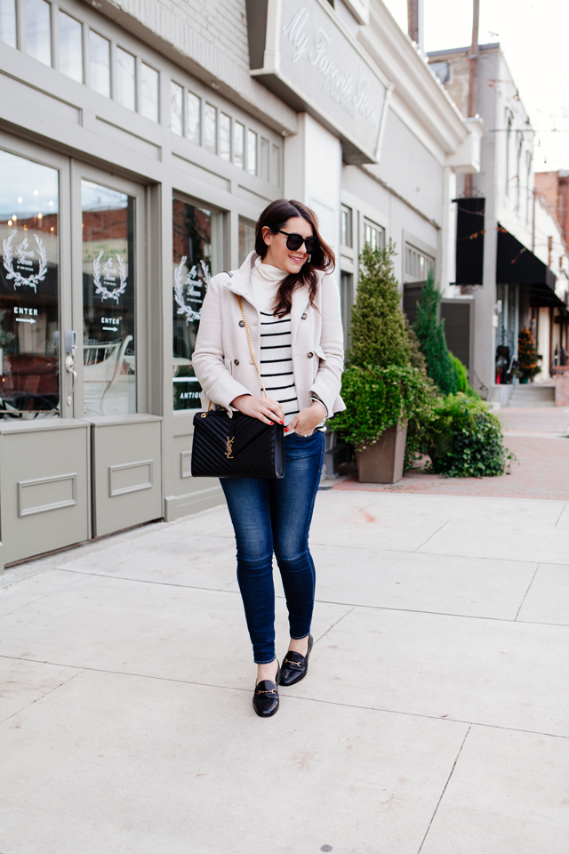 Striped turtleneck and Joie Peacoat