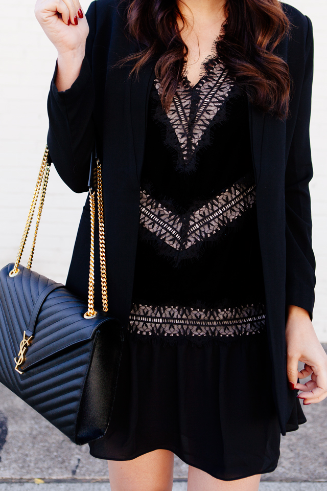 All black holiday outfit with velvet dress with black blazer on Kendi Everyday.