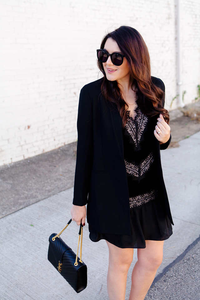 All black holiday outfit with velvet dress with black blazer on Kendi Everyday.