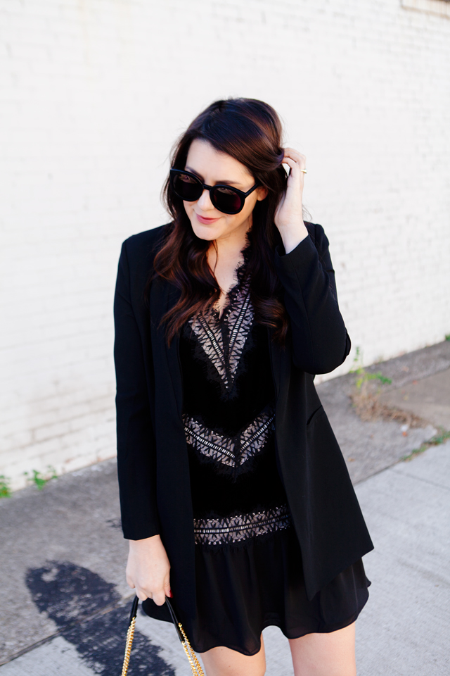 All black holiday outfit with velvet dress with black blazer on Kendi Everyday.