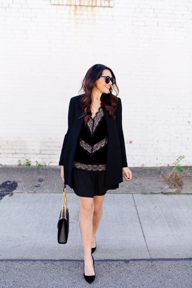 All black holiday outfit with velvet dress with black blazer on Kendi Everyday.