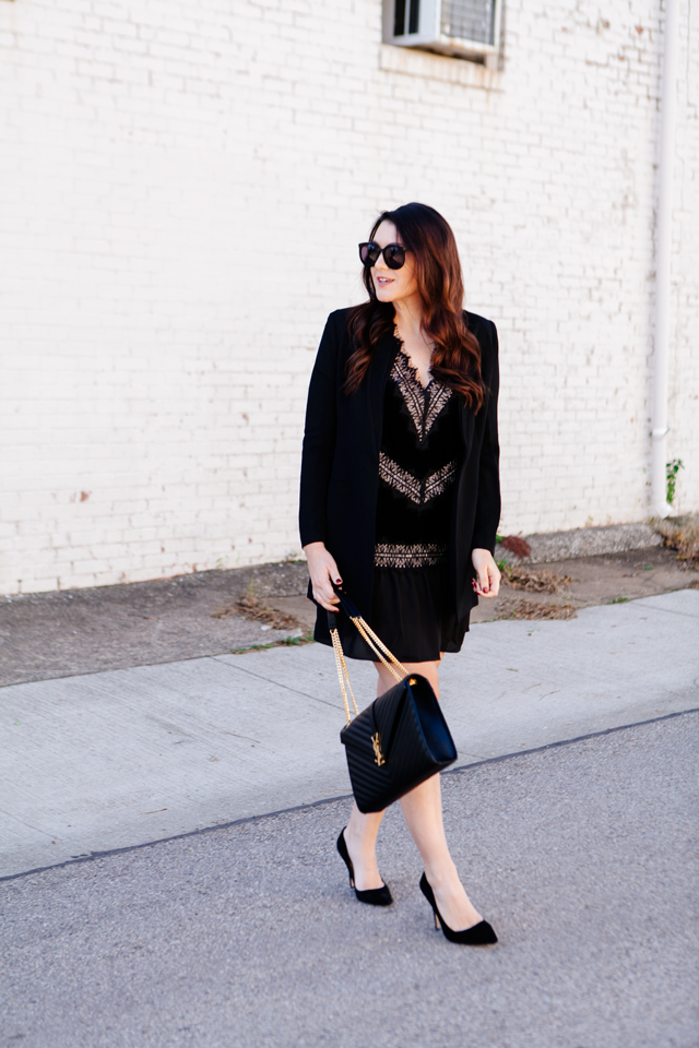 All black holiday outfit with velvet dress with black blazer on Kendi Everyday.