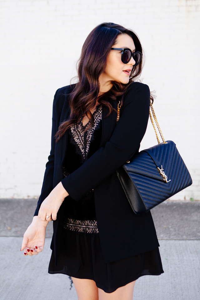 All black holiday outfit with velvet dress with black blazer on Kendi Everyday.