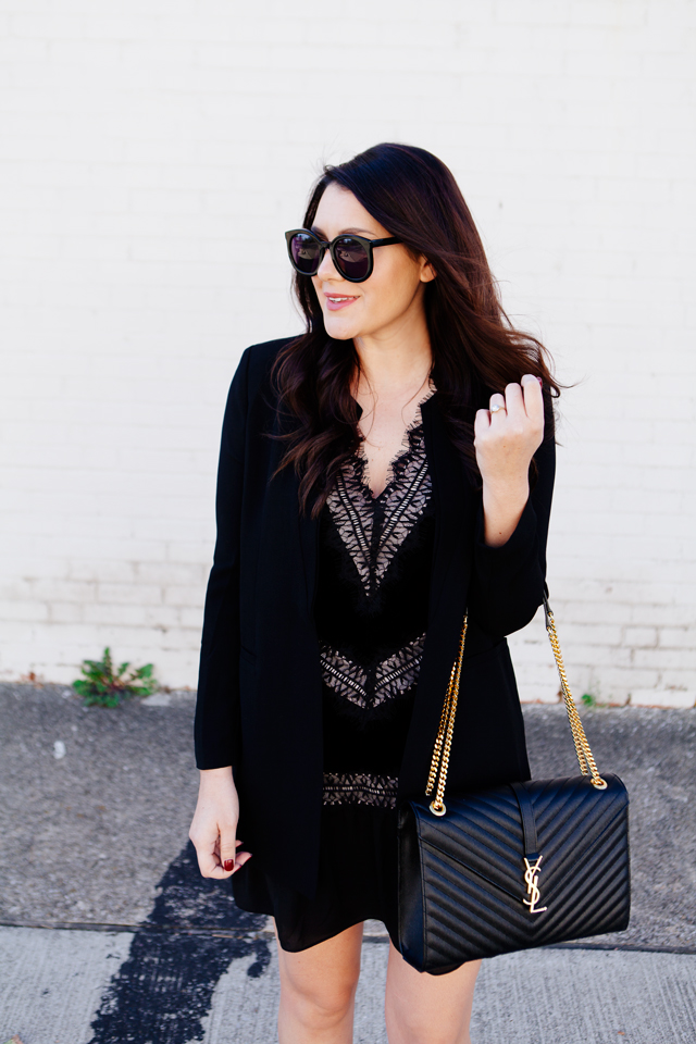 All black holiday outfit with velvet dress with black blazer on Kendi Everyday.