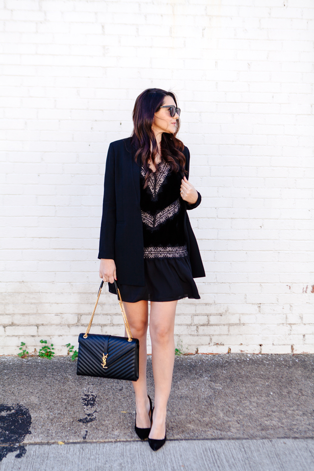 All black holiday outfit with velvet dress with black blazer on Kendi Everyday.