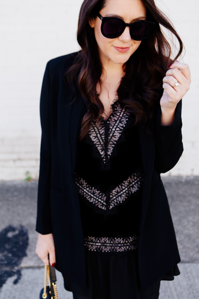 All black holiday outfit with velvet dress with black blazer on Kendi Everyday.