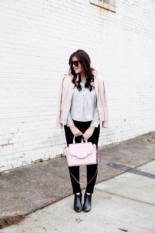 Pink Leather moto jacket over Madewell Button Down on Kendi Everyday