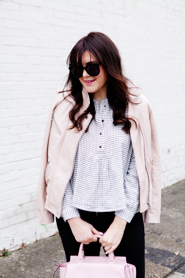 Pink Leather jacket over Madewell Button Down on Kendi Everyday