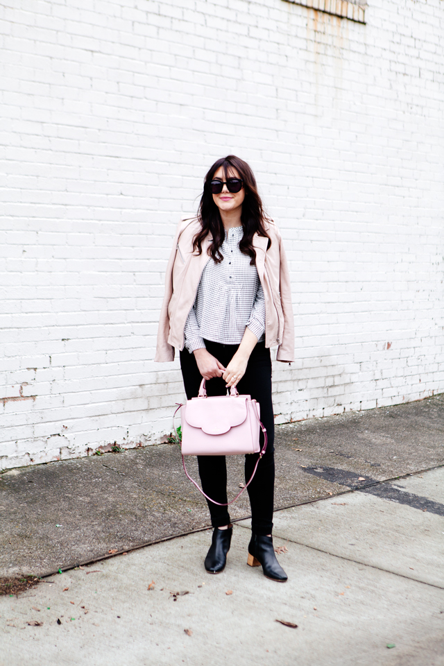 Pink Leather jacket over Madewell Button Down on Kendi Everyday