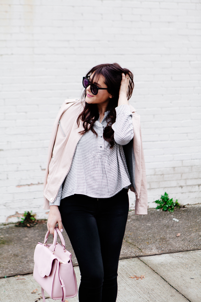 Pink Leather jacket over Madewell Button Down on Kendi Everyday