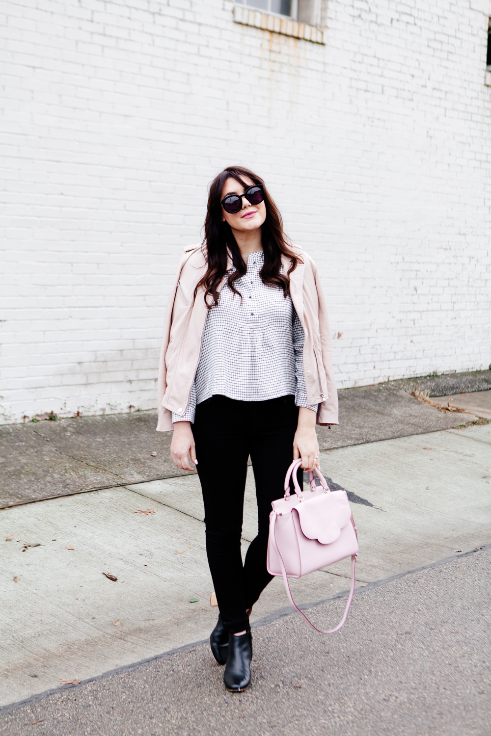 Pink Leather jacket over Madewell Button Down on Kendi Everyday