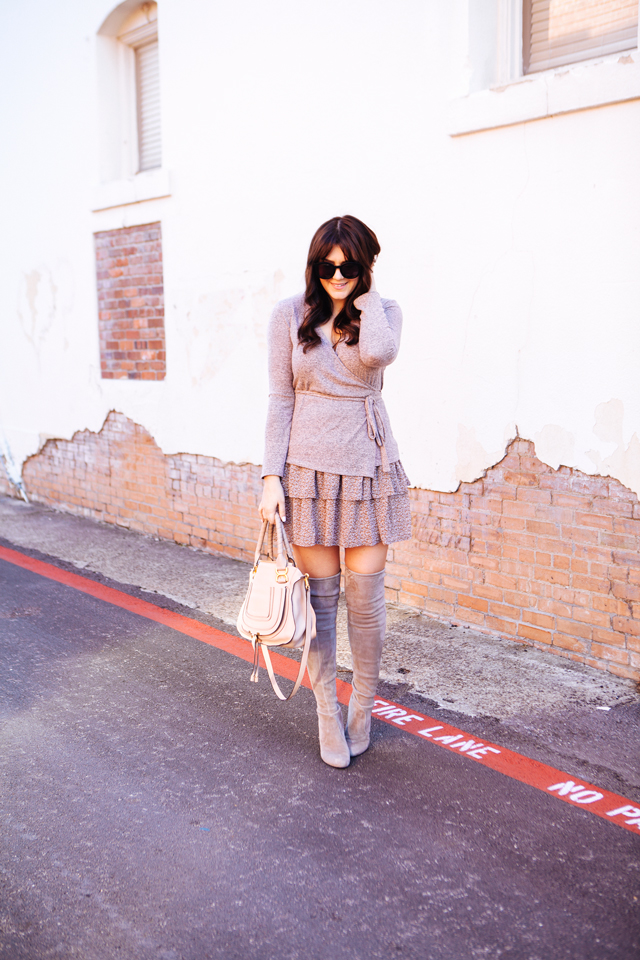 Under $100 Wrap Sweater with ASOS Floral Ruffle skirt on Kendi Everyday 